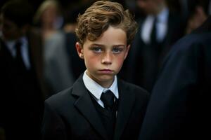 Portrait of a boy in a black suit with a funeral bouquet of flowers AI generated photo