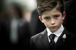 Portrait of a boy in a black suit with a funeral bouquet of flowers AI generated photo