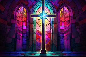 Illustration in stained glass style with cross on the background of the stained glass window AI generated photo
