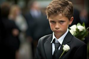 Portrait of a boy in a black suit with a funeral bouquet of flowers AI generated photo