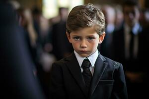 Portrait of a boy in a black suit with a funeral bouquet of flowers AI generated photo