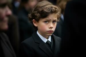 Portrait of a boy in a black suit with a funeral bouquet of flowers AI generated photo