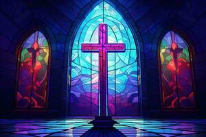 Illustration in stained glass style with cross on the background of the stained glass window AI generated photo