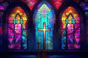 Illustration in stained glass style with cross on the background of the stained glass window AI generated photo