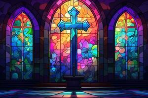 Illustration in stained glass style with cross on the background of the stained glass window AI generated photo