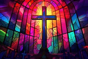 Illustration in stained glass style with cross on the background of the stained glass window AI generated photo