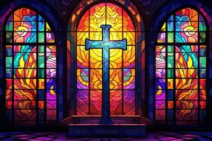 Illustration in stained glass style with cross on the background of the stained glass window AI generated photo