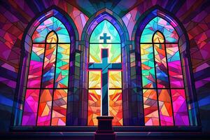 Illustration in stained glass style with cross on the background of the stained glass window AI generated photo