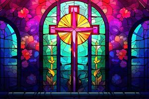 Illustration in stained glass style with cross on the background of the stained glass window AI generated photo