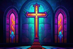 Illustration in stained glass style with cross on the background of the stained glass window AI generated photo