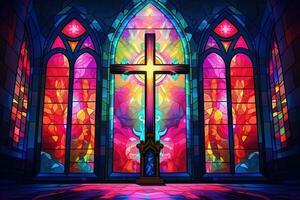 Illustration in stained glass style with cross on the background of the stained glass window AI generated photo