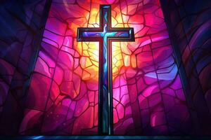 Illustration in stained glass style with cross on the background of the stained glass window AI generated photo