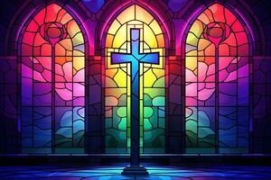 Illustration in stained glass style with cross on the background of the stained glass window AI generated photo