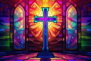 Illustration in stained glass style with cross on the background of the stained glass window AI generated photo