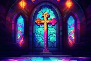 Illustration in stained glass style with cross on the background of the stained glass window AI generated photo