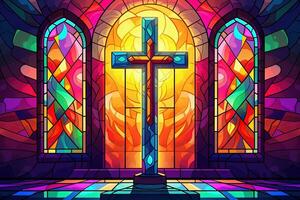 Illustration in stained glass style with cross on the background of the stained glass window AI generated photo