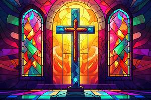 Illustration in stained glass style with cross on the background of the stained glass window AI generated photo