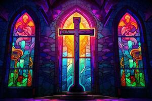 Illustration in stained glass style with cross on the background of the stained glass window AI generated photo