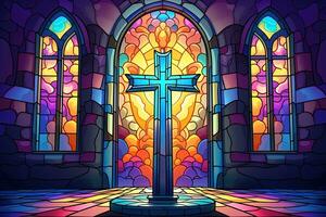 Illustration in stained glass style with cross on the background of the stained glass window AI generated photo