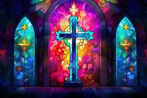 Illustration in stained glass style with cross on the background of the stained glass window AI generated photo