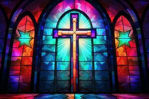 Illustration in stained glass style with cross on the background of the stained glass window AI generated photo