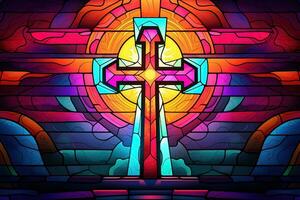 Illustration in stained glass style with cross on the background of the stained glass window AI generated photo