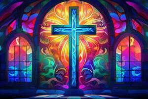 Illustration in stained glass style with cross on the background of the stained glass window AI generated photo