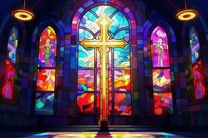 Illustration in stained glass style with cross on the background of the stained glass window AI generated photo