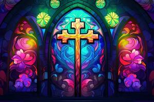 Illustration in stained glass style with cross on the background of the stained glass window AI generated photo