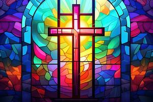 Illustration in stained glass style with cross on the background of the stained glass window AI generated photo