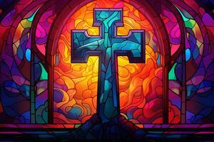 Illustration in stained glass style with cross on the background of the stained glass window AI generated photo