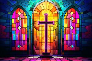 Illustration in stained glass style with cross on the background of the stained glass window AI generated photo