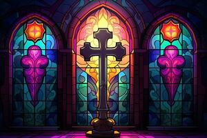 Illustration in stained glass style with cross on the background of the stained glass window AI Generated photo