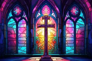 Illustration in stained glass style with cross on the background of the stained glass window AI Generated photo
