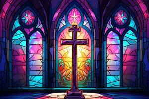 Illustration in stained glass style with cross on the background of the stained glass window AI Generated photo