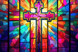 Illustration in stained glass style with cross on the background of the stained glass window AI generated photo