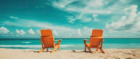 Beach chairs on tropical sandy beach with turquoise ocean water AI generated photo