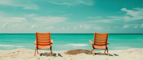 Beach chairs on tropical sandy beach with turquoise ocean water AI generated photo