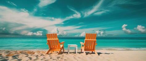 Beach chairs on tropical sandy beach with turquoise ocean water AI generated photo