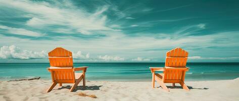 Beach chairs on tropical sandy beach with turquoise ocean water AI generated photo