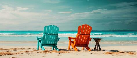 Beach chairs on tropical sandy beach with turquoise ocean water AI generated photo