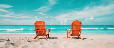 Beach chairs on tropical sandy beach with turquoise ocean water AI generated photo