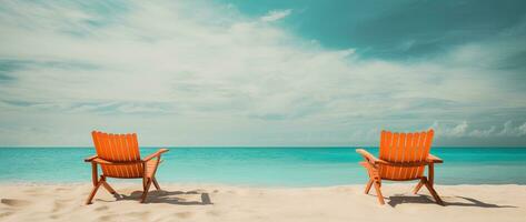 Beach chairs on tropical sandy beach with turquoise ocean water AI generated photo