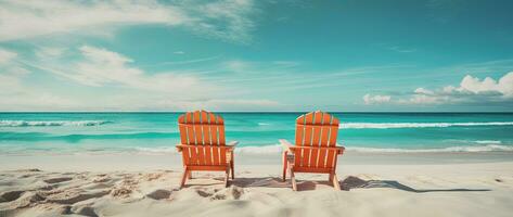 Beach chairs on tropical sandy beach with turquoise ocean water AI generated photo