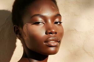 retrato de un hermosa africano americano mujer con oscuro piel y natural maquillaje ai generado foto