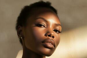 retrato de un hermosa africano americano mujer con oscuro piel y natural maquillaje ai generado foto