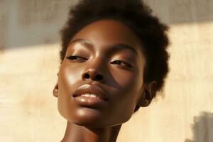 Portrait of a Beautiful african american woman with dark skin and natural make-up AI generated photo