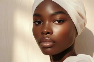 Portrait of a Beautiful african american woman with dark skin and natural make-up AI generated photo