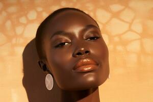 Portrait of a Beautiful african american woman with dark skin and natural make-up AI generated photo