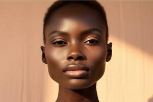 retrato de un hermosa africano americano mujer con oscuro piel y natural maquillaje ai generado foto